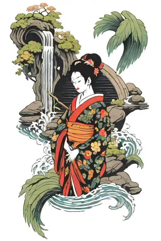 Attractive Geisha Standing In Koi Pond With Abstract Scenery And Waterfall