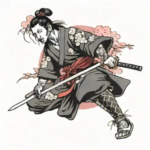 Japan Style With Sakura And Samurai With Katana