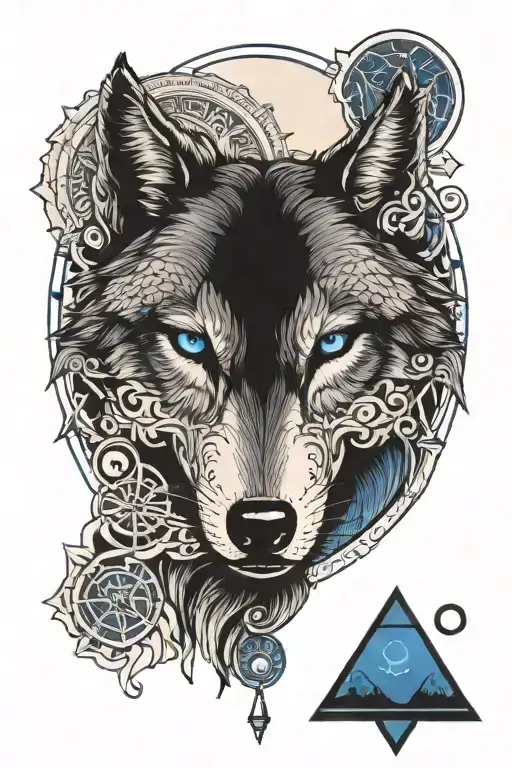 Wolf Face With Blue Eyes Surrounded By Egypt Moon And Pyramids