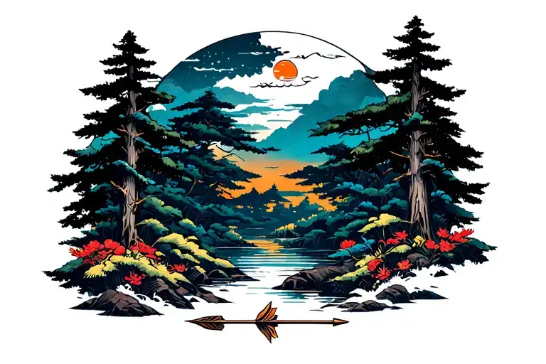 Outdoor Wooded Scene With An Arrow