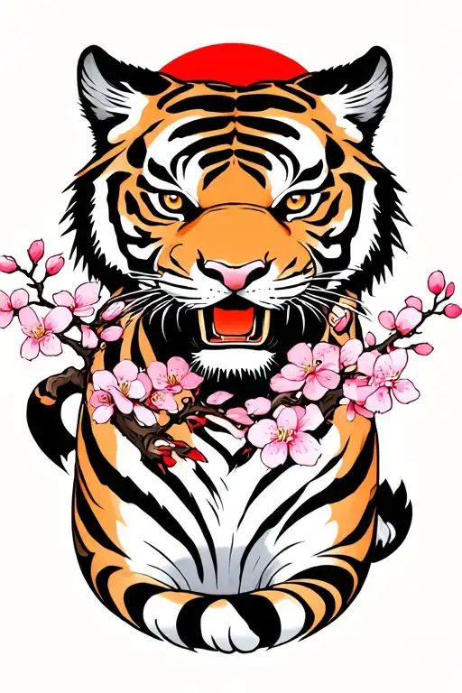 Japanese Tiger With Red Sun And Cherry Blossom Tree