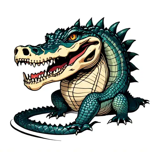 Full Body Crocodile Holding A Skull In Its Mouth