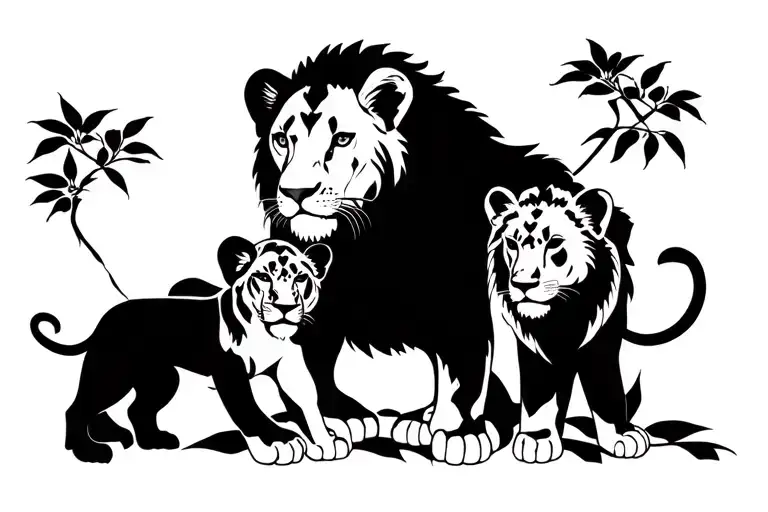 Maman Lioness Surrounded By 2 Lion Cubs