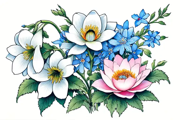 Snowdrop & Rose & Larkspur & Waterlilly & Poppy