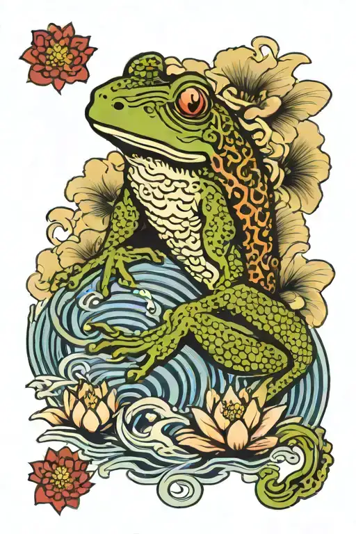 Oriental Themed Frog And Lotus Flower With Waves Background And Clouds In Arm