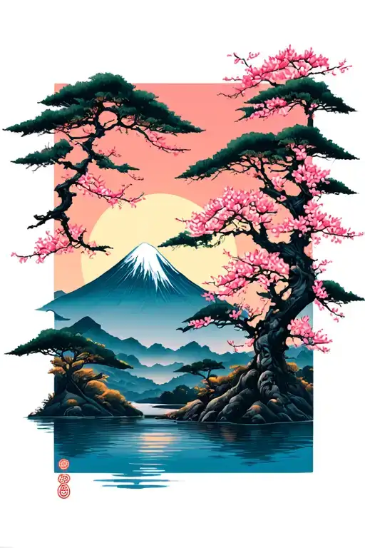 Japanese Style Mountain Cherry Blossom Trees Sunset