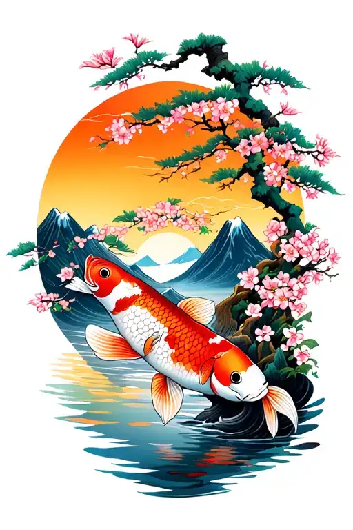 Japanese Style Mountain Cherry Blossom Trees Sunset Koi Fish