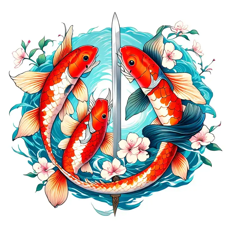 Two Koi Fish Swimming In Opposite Directions With Cherry Blossoms Wrapped Around Sword On Spine