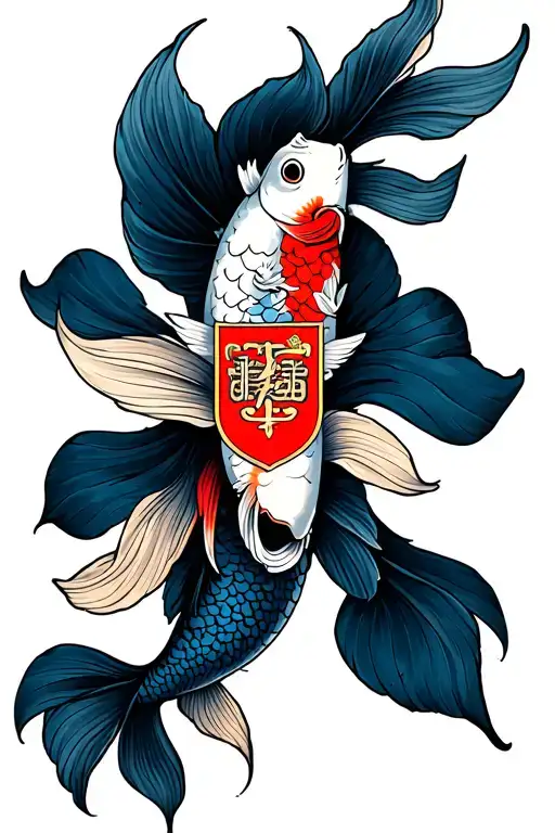 Two Koi Fish With Banners And Teegardin Family Crest In The Middle