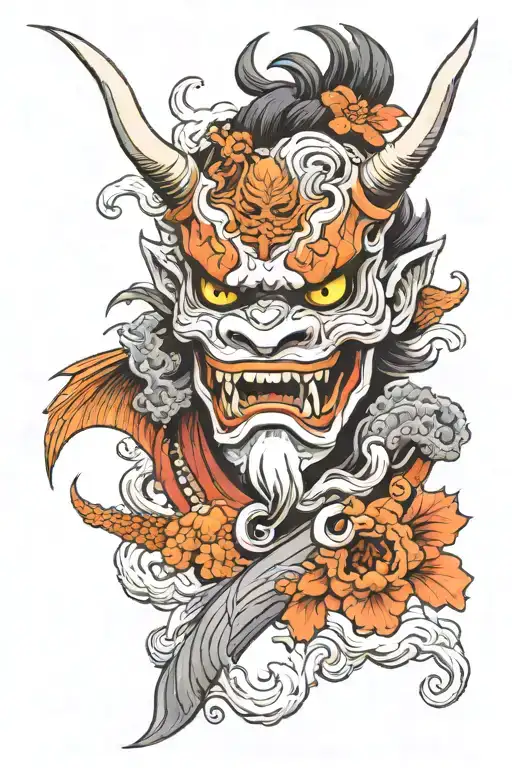 Japanese Oni Mask With Koi Fish And Undead Samurai