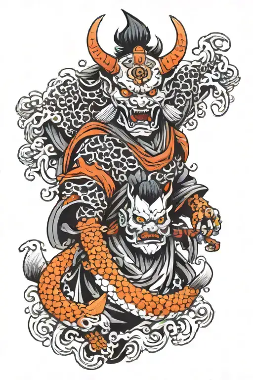 Japanese Oni Demon With Koi Fish And Undead Samurai