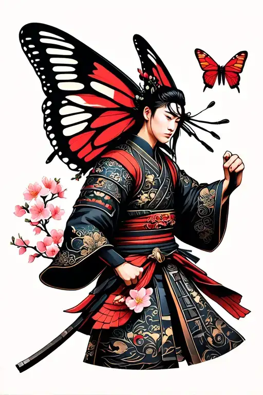 Cherry Blossoms Butterfly Flying Samurai Warrior