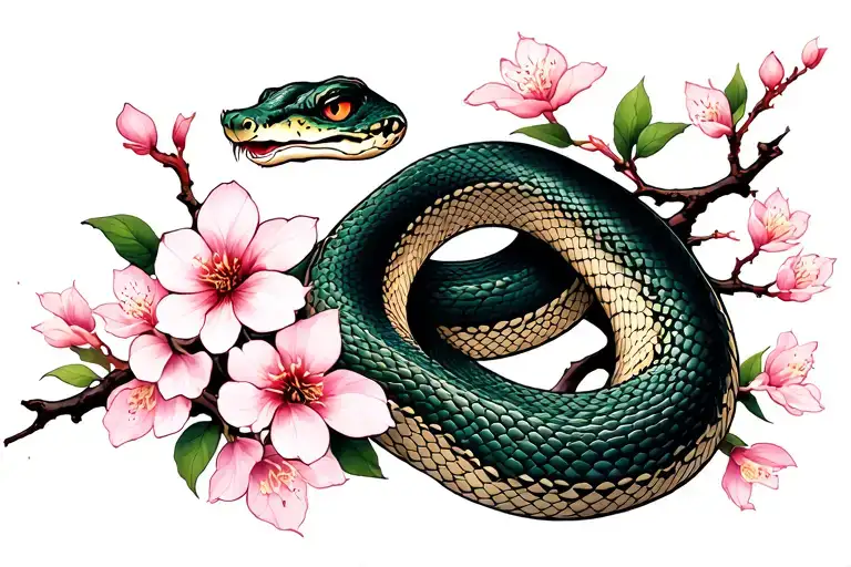 Snake Coiled Around A Sakura Branch
