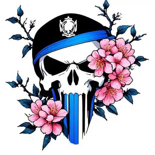 Punisher Police Skull Thin Blue Line With Cherry Blossoms Wrapped