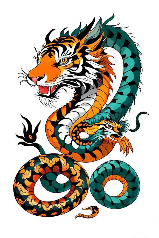 Dragon On The Left And Tiger On The Right And Snake In Middle