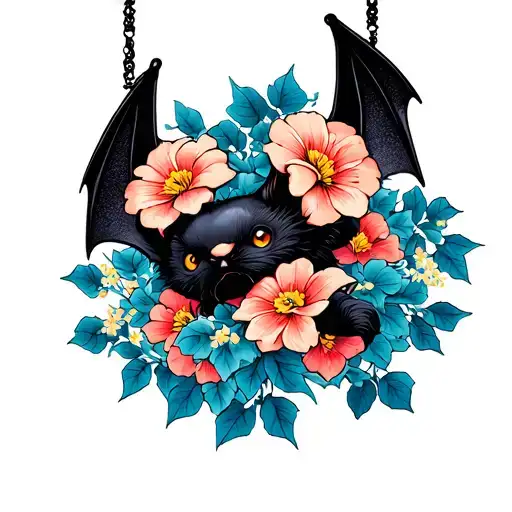 Hanging Bat Upside And Flowers