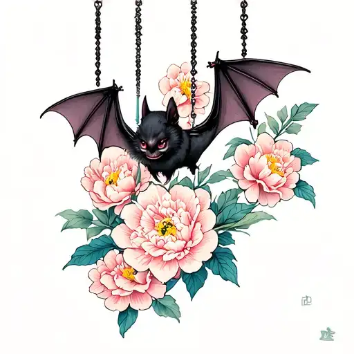 Upside Down Bat Hangind And Pivoine Flowers