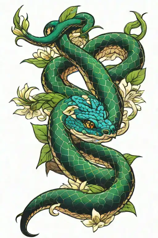 Green Eyes Snake With Lillies