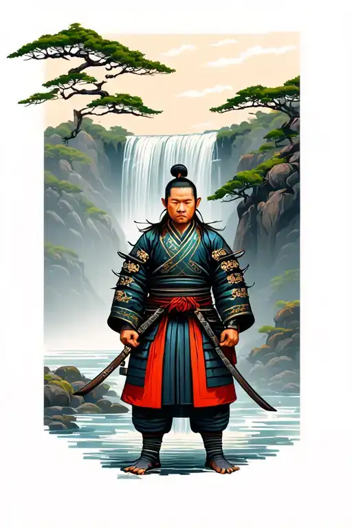 Samurai Standing In Front Of Waterfall Cascading