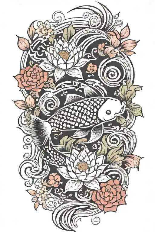 Koi And Lotus Flower Blooming