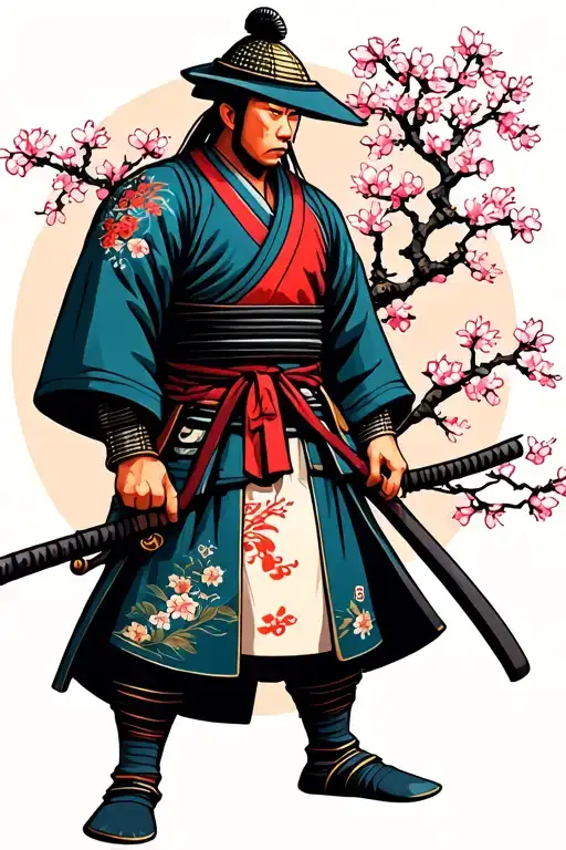 Samurai Standing By Cherry Blossom Tree