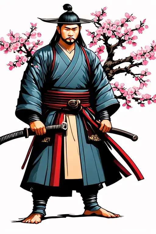Samurai Standing By Cherry Blossom Tree
