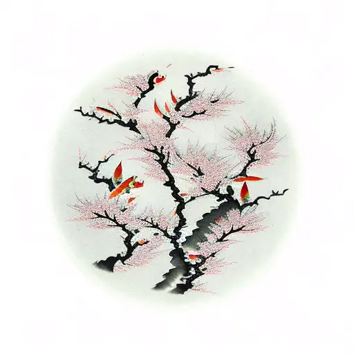 Plum Blossom Tree With Petals Falling Into A Pond With 4 Koi Fish