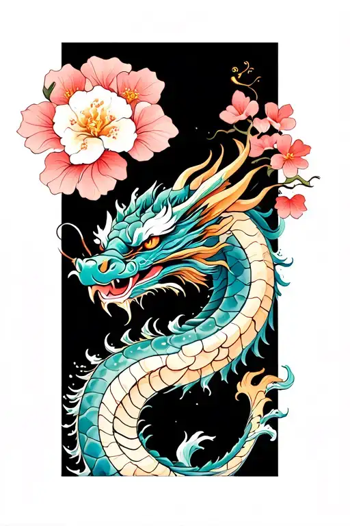 Neo Japanese Dragon With Waves And Cheery Blossom On Forearm