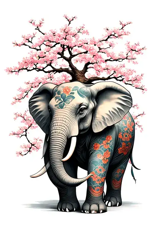 A Medium Size Magestic Elephant Surround By Cherry Tree's