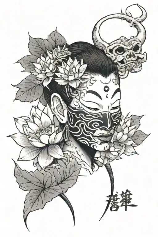 A Lotus Under Which There Is A Half Oni Mask Half Woman Underneath