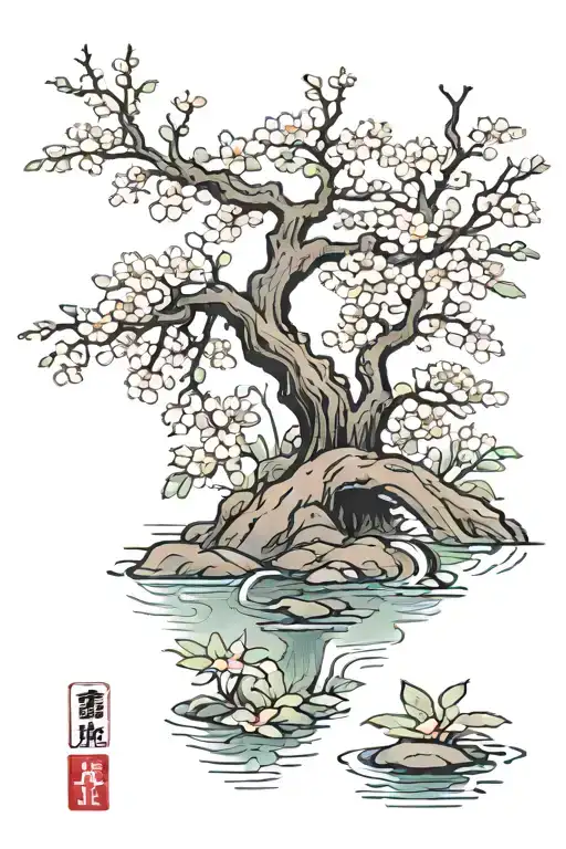 Pond Near The Wrist Area With A Bring Going Over It And A Big Sakura Tree With Leaves Falling