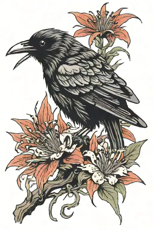 Raven With Red Spider Lily Flower