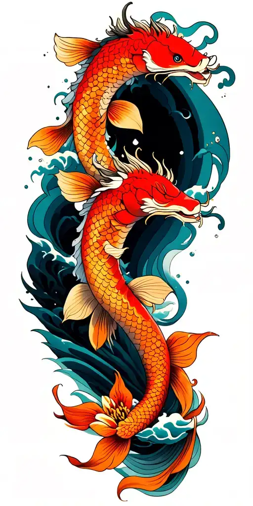 Waves With Koi Fish Rising Up To Fire Lilys And Transform Into Dragon In Traditional Cloud