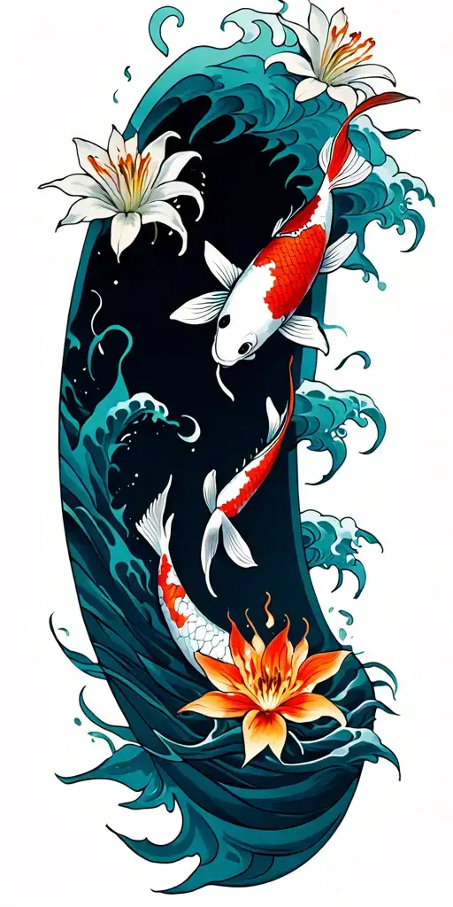 Waves With Koi Fish Rising Up To Fire Lilys Surrounding