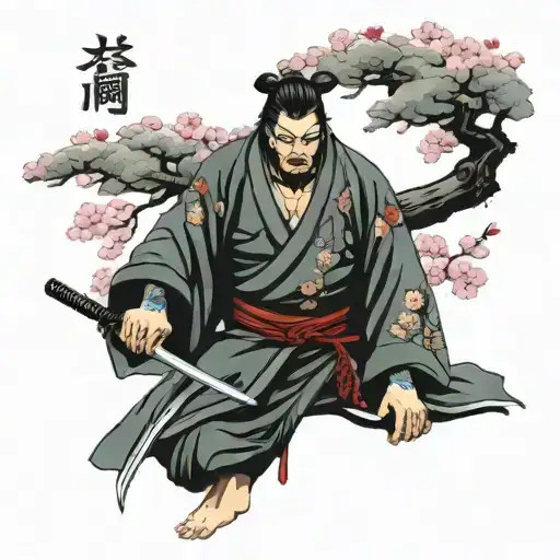 Samurai Under A Cherry Blossom Tree Growing
