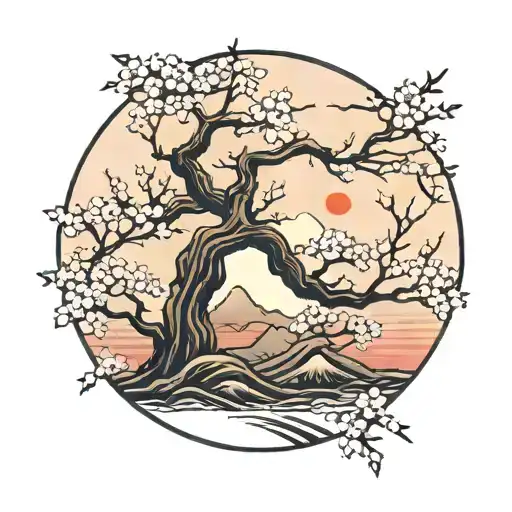 Sakura Tree With Sunset Background
