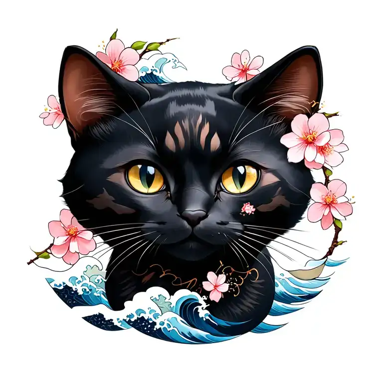 Black Female Cat With Cherry Blossoms And Blue Waves