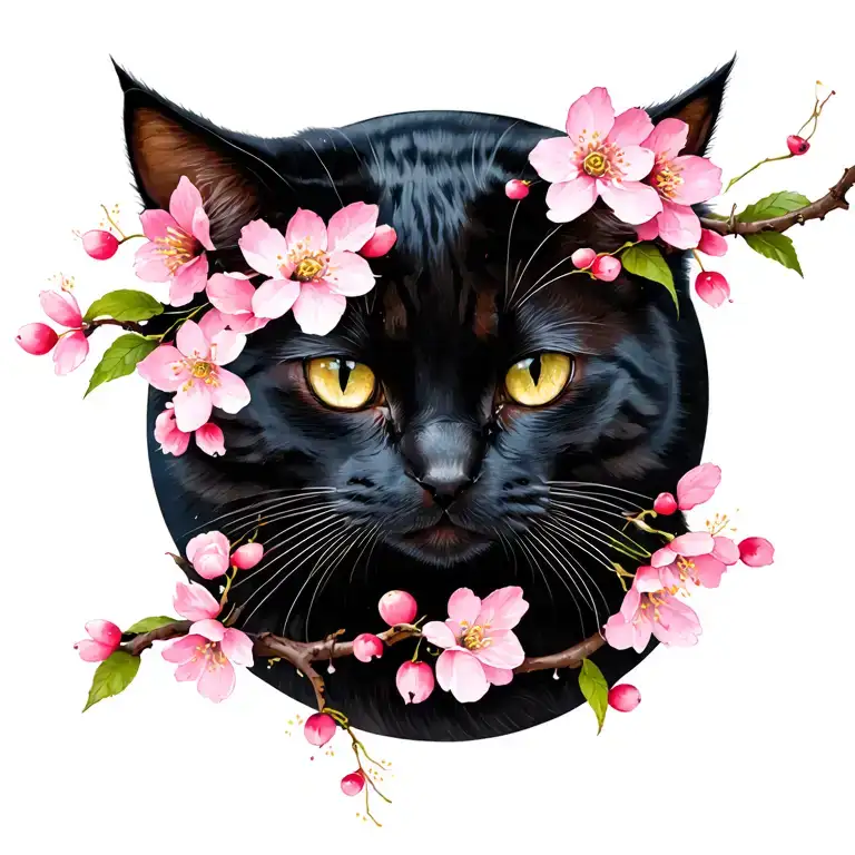 Realistic Black Female Cat With Cherry Blossoms Branches