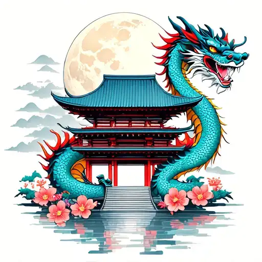 Japanese Temple And Dragon With Moon And Flowers