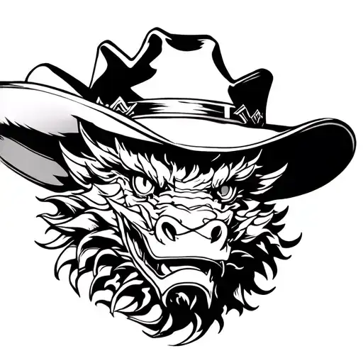 Dragon Wearing Cowboy Hat Facing Forward Hat Covering Eyes Line Art