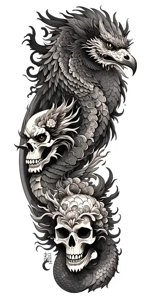 Chinese Dragon And Phoenix And Skull And Moon And Raven