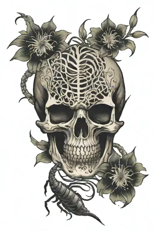 Skull With Spider Lilies And Centipede