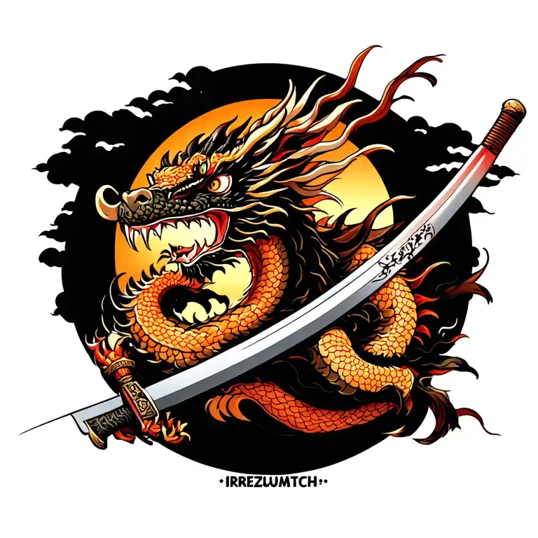 Dragon With Samurai With Katana And A Sun