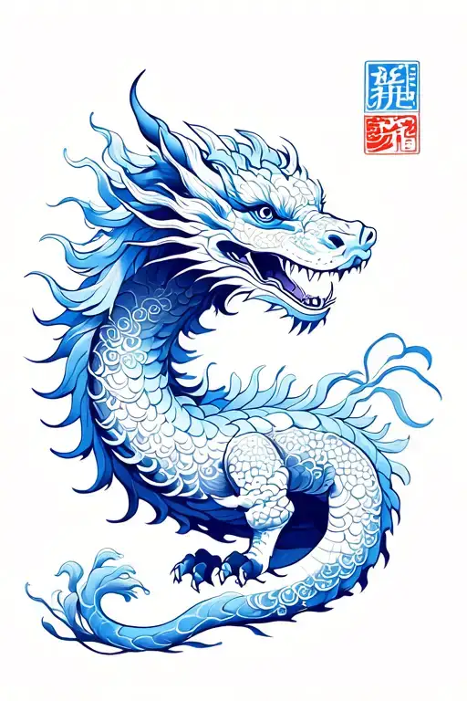 Falkor Luck Dragon Traditional Chinese Style Tattoo Blue Ink Like Chinaware Outline Only