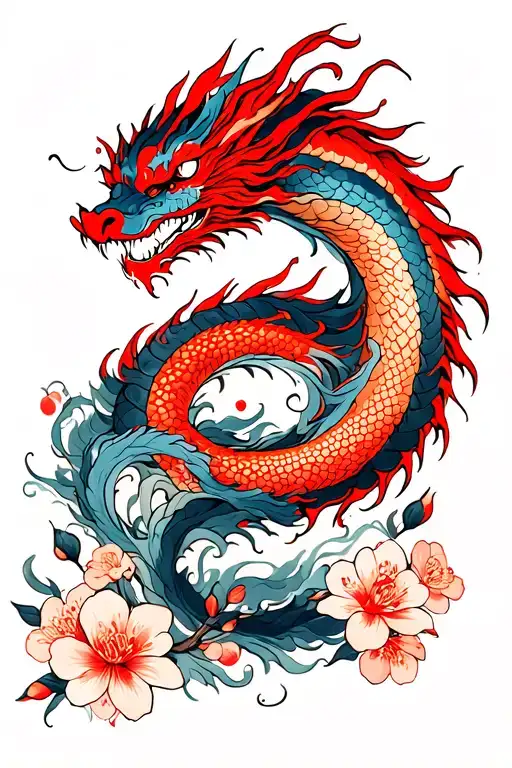 Red Japanese Swirls Flowing With Dragon And Cherry Blossoms