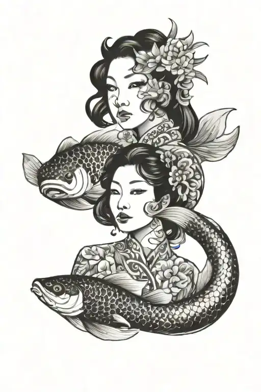 Japanese Women Face Surrounded By Koi Fish