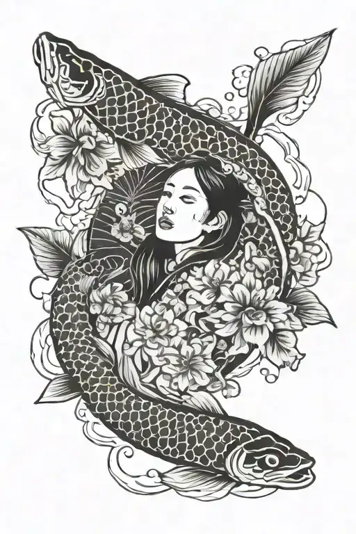 Japanese Women Face Surround By Swimming Koi Fish