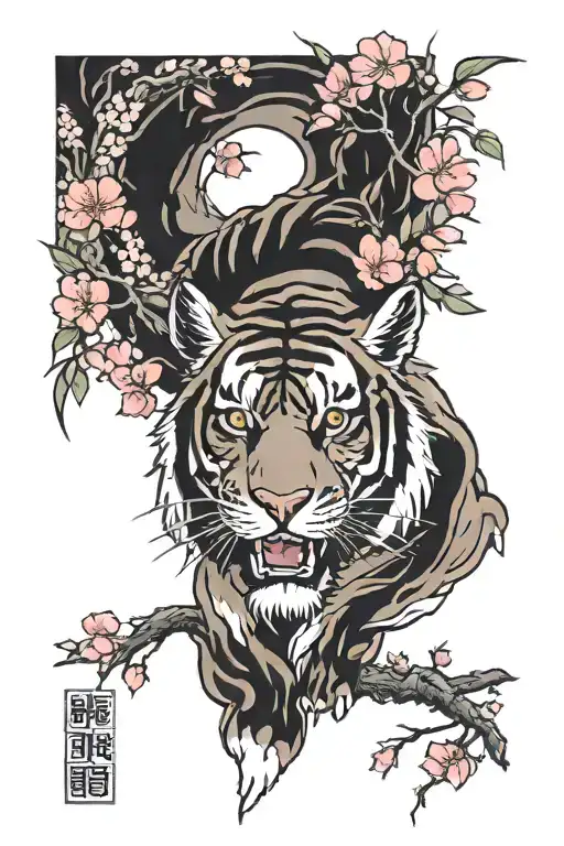 Yakuza Sholder Tattoo With Tiger And Cherry Blossoms
