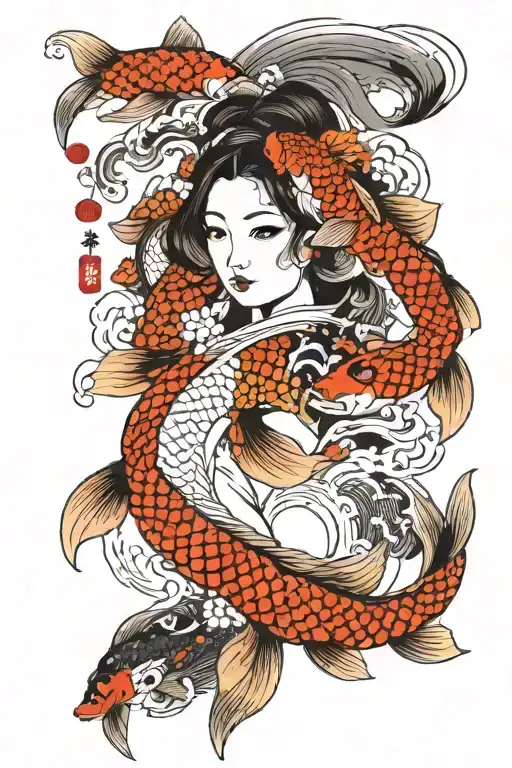 Koi Fish Around Japanese Women Face