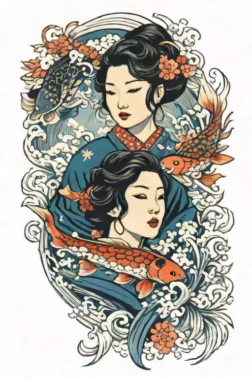 Old Style Japanese Women Face Surrounded By Koi Fish